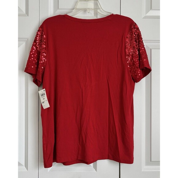 INC INTERNATIONAL CONCEPTS WOMEN'S TOPS RED SEQUIN V-NECK SHORT SLEEVE PULL ON - Picture 3 of 6